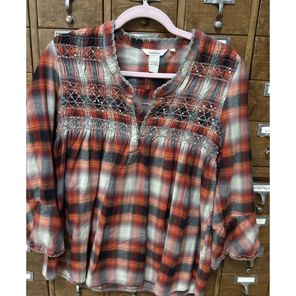 Sundance Small Rust Gray Cream Crochet Sequins Fall Plaid Top